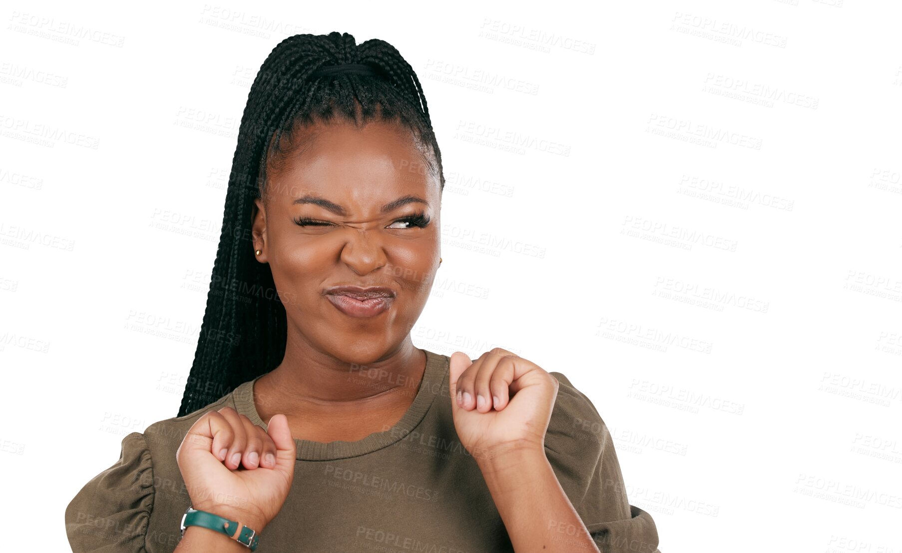 Buy stock photo Crazy, wink and dance with face of black woman on png for yes, happy and funny. Like, emoji and relax with person isolated on transparent background for motivation, happiness and goofy expression