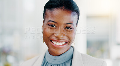 Face, business and black woman with smile, success and confident ceo in workplace, advertising agency and startup company. Portrait, African female employee and manager with happiness and motivation