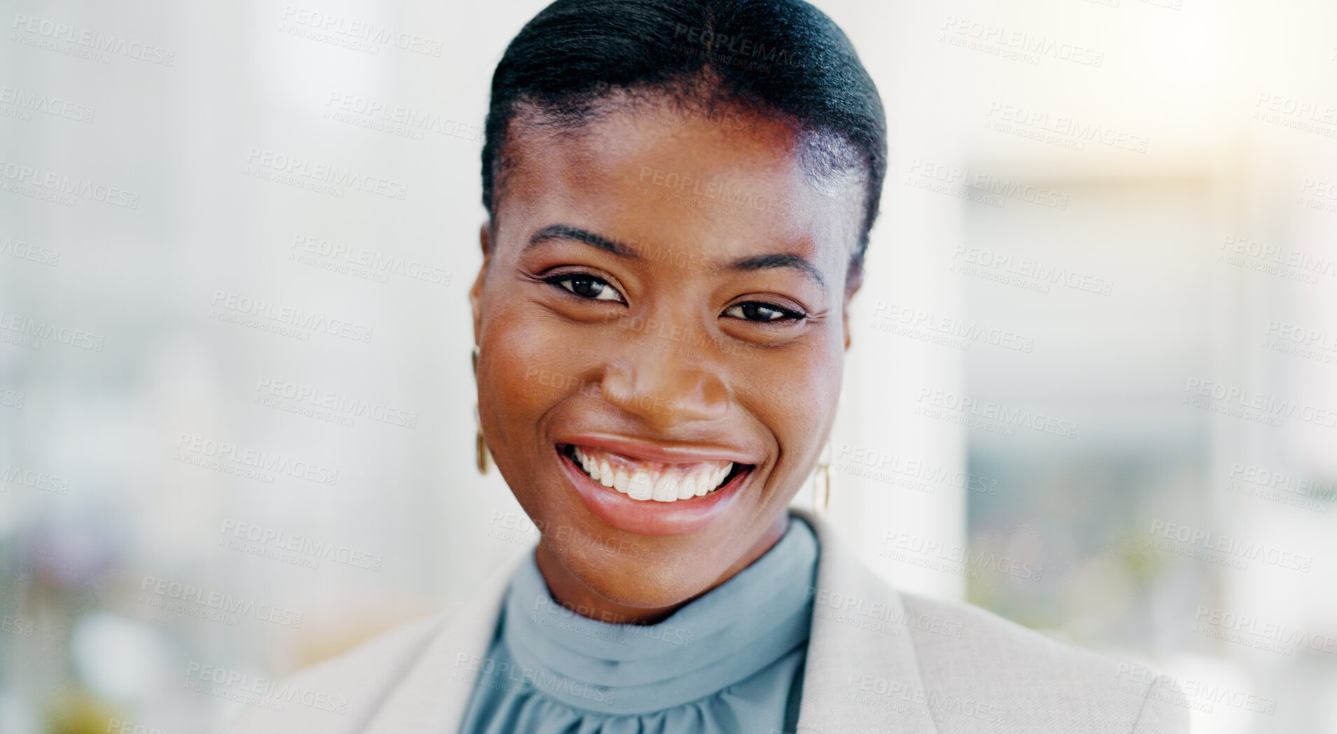 Buy stock photo Face, business and black woman with smile, success and confident ceo in workplace, advertising agency and startup company. Portrait, African female employee and manager with happiness and motivation