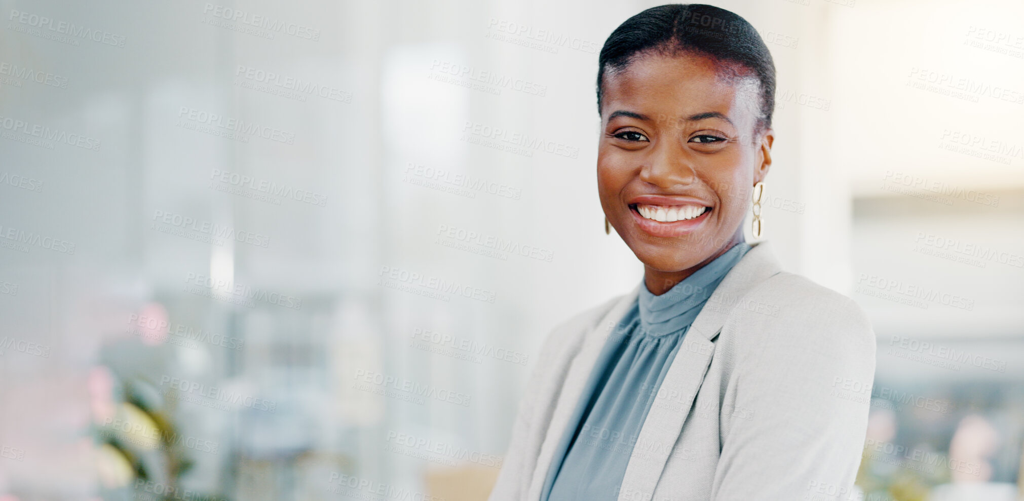 Buy stock photo Face, business and black woman with smile, success and confident ceo in workplace, advertising agency and startup company. Portrait, African female employee and manager with happiness and motivation