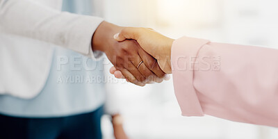 Business people, handshake and partnership for b2b, meeting or trust in teamwork at the office. Colleagues shaking hands in unity, deal or agreement for greeting, welcome or introduction at workplace