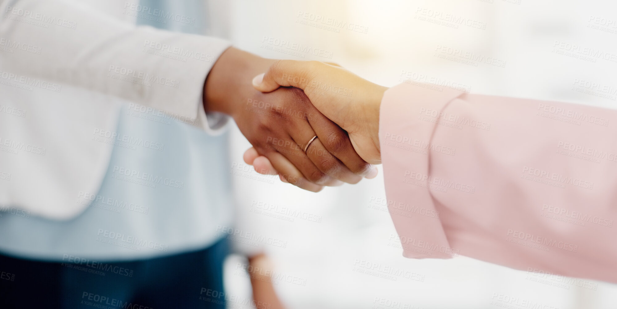 Buy stock photo Business people, handshake and partnership for b2b, meeting or trust in teamwork at the office. Colleagues shaking hands in unity, deal or agreement for greeting, welcome or introduction at workplace