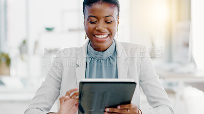 Black woman, tablet and smile for social media, browsing or business research at the office desk. Happy African female working on touchscreen scrolling and smiling for networking or digital marketing