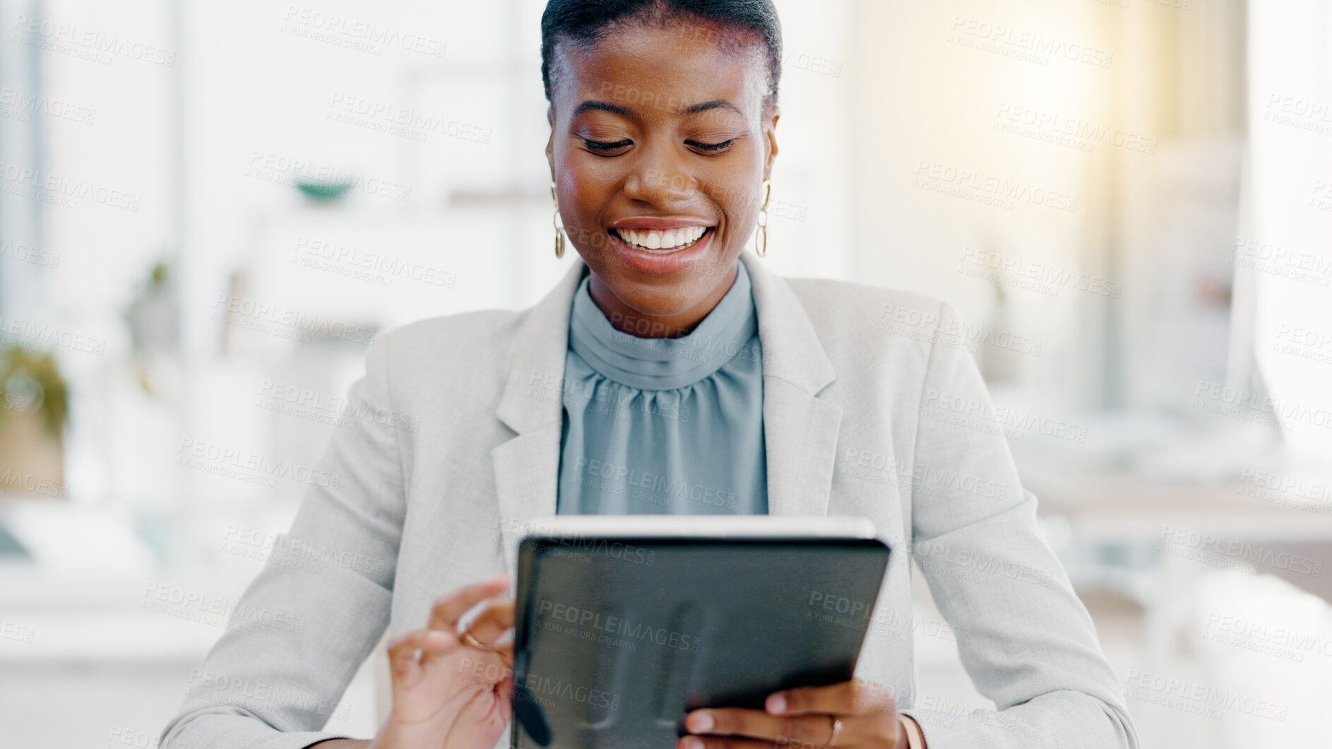 Buy stock photo Black woman, tablet and smile for social media, browsing or business research at the office desk. Happy African female working on touchscreen scrolling and smiling for networking or digital marketing