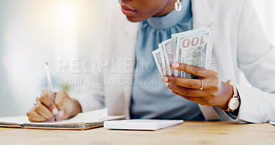 Black woman, calculator and money in business finance for budget, costs or expenses at the office desk. Hands of African female accountant counting and calculating cash on table for company profit