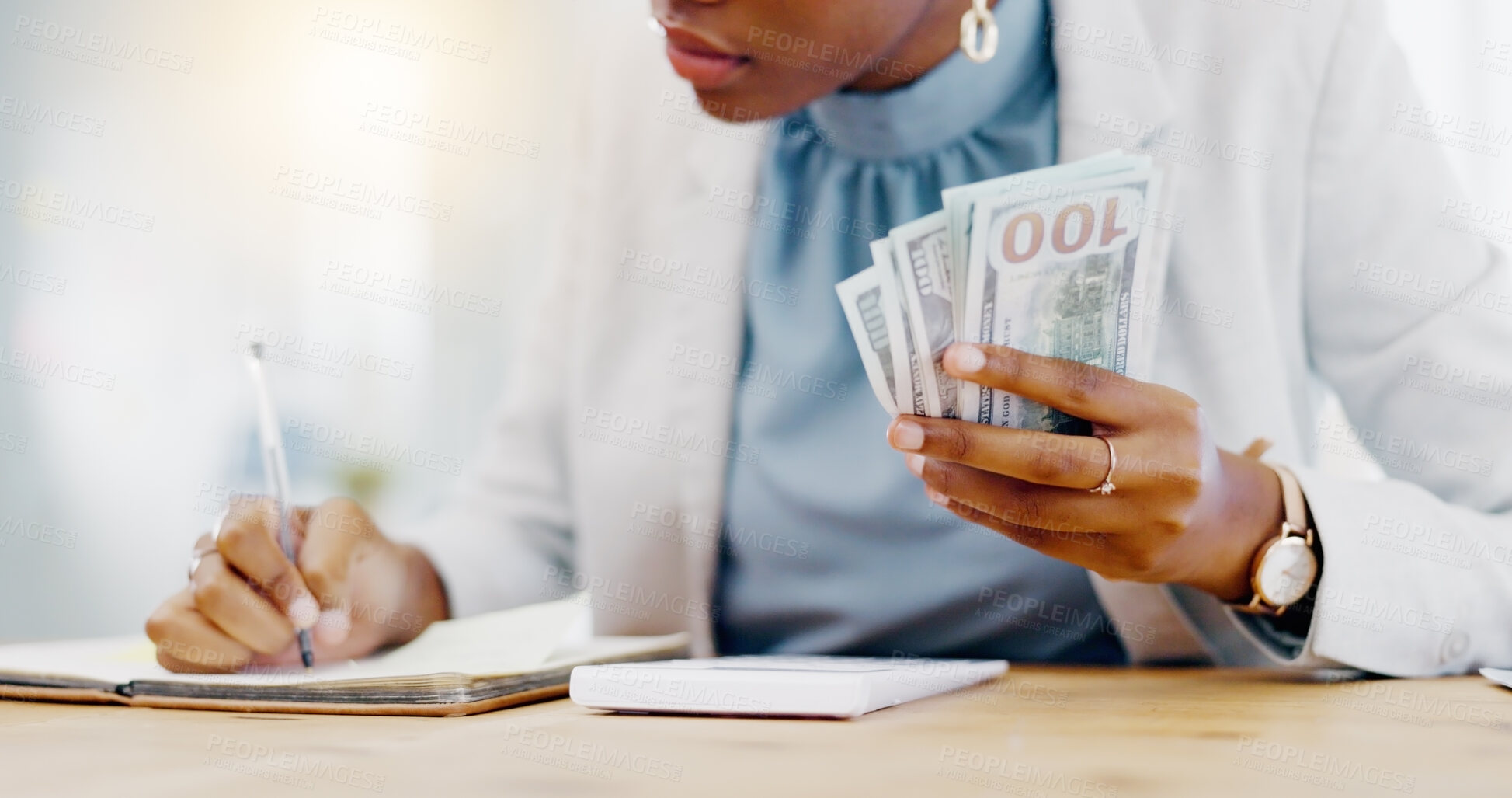 Buy stock photo Black woman, calculator and money in business finance for budget, costs or expenses at the office desk. Hands of African female accountant counting and calculating cash on table for company profit