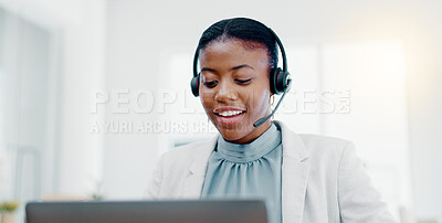 Black woman, call center and consulting on laptop for telemarketing, customer service or desktop support. Friendly African female consultant talking on headset for help, advice or communication