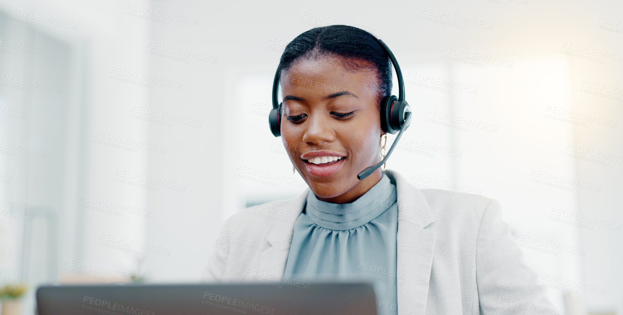 Buy stock photo Black woman, call center and consulting on laptop for telemarketing, customer service or desktop support. Friendly African female consultant talking on headset for help, advice or communication