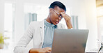 Business, headache and black woman with stress, burnout and overworked in workplace, depression and laptop. African American female employee, worker and manager with migraine, device and fatigue