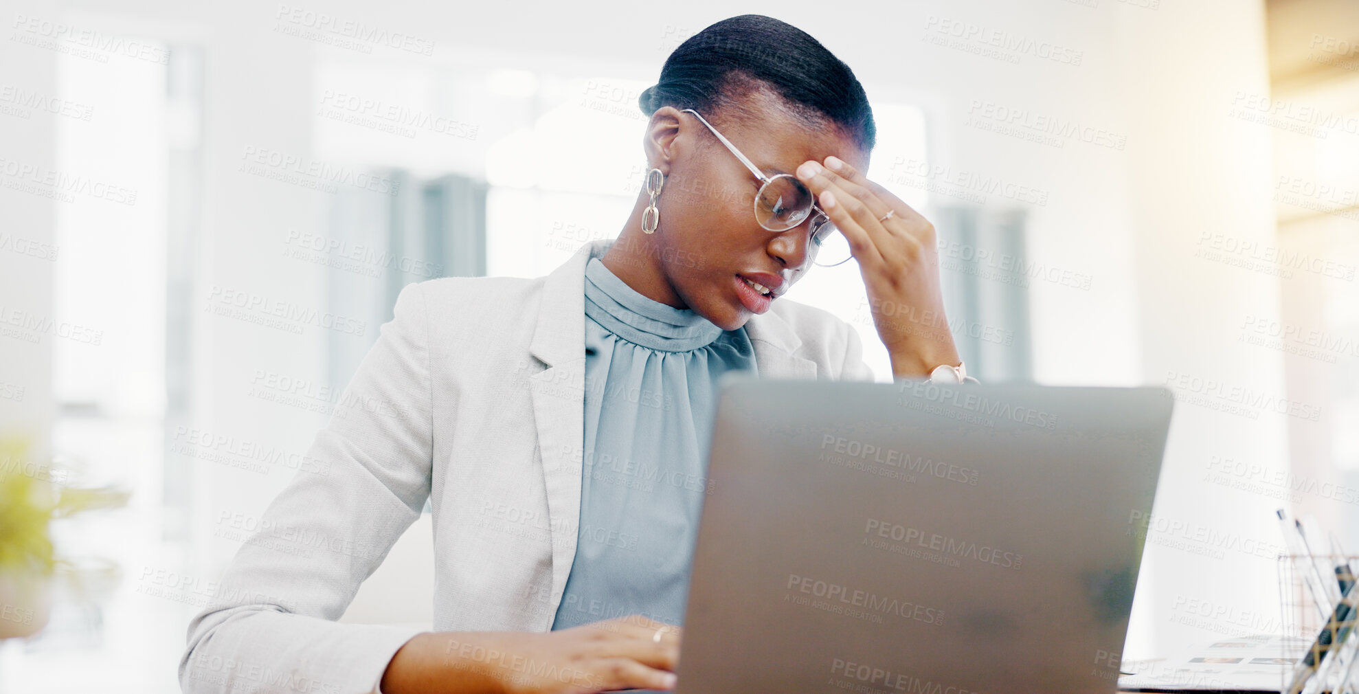 Buy stock photo Business, headache and black woman with stress, burnout and overworked in workplace, depression and laptop. African American female employee, worker and manager with migraine, device and fatigue