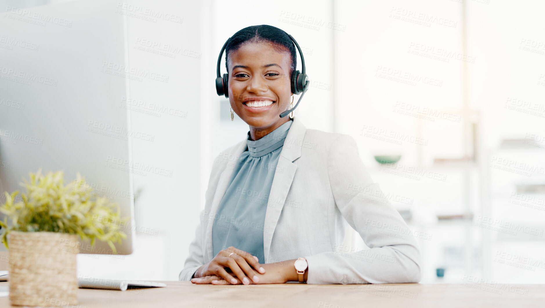 Buy stock photo Black woman, call center and smile on computer in telemarketing, customer service or support. Portrait of happy African American female consultant agent with headset for help or advice at office desk