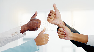Business people, hands and thumbs up in teamwork success, good job or agreement at the office. Hand of group showing thumb emoji, yes sign or like gesture together in unity, trust or collaboration