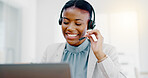 Black woman, call center and consulting on laptop for telemarketing, customer service or desktop support. Friendly African female consultant talking on headset for help, advice or communication