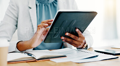 Buy stock photo Black woman, tablet and smile for social media, browsing or business research at the office desk. Happy African female working on touchscreen scrolling and smiling for networking or digital marketing