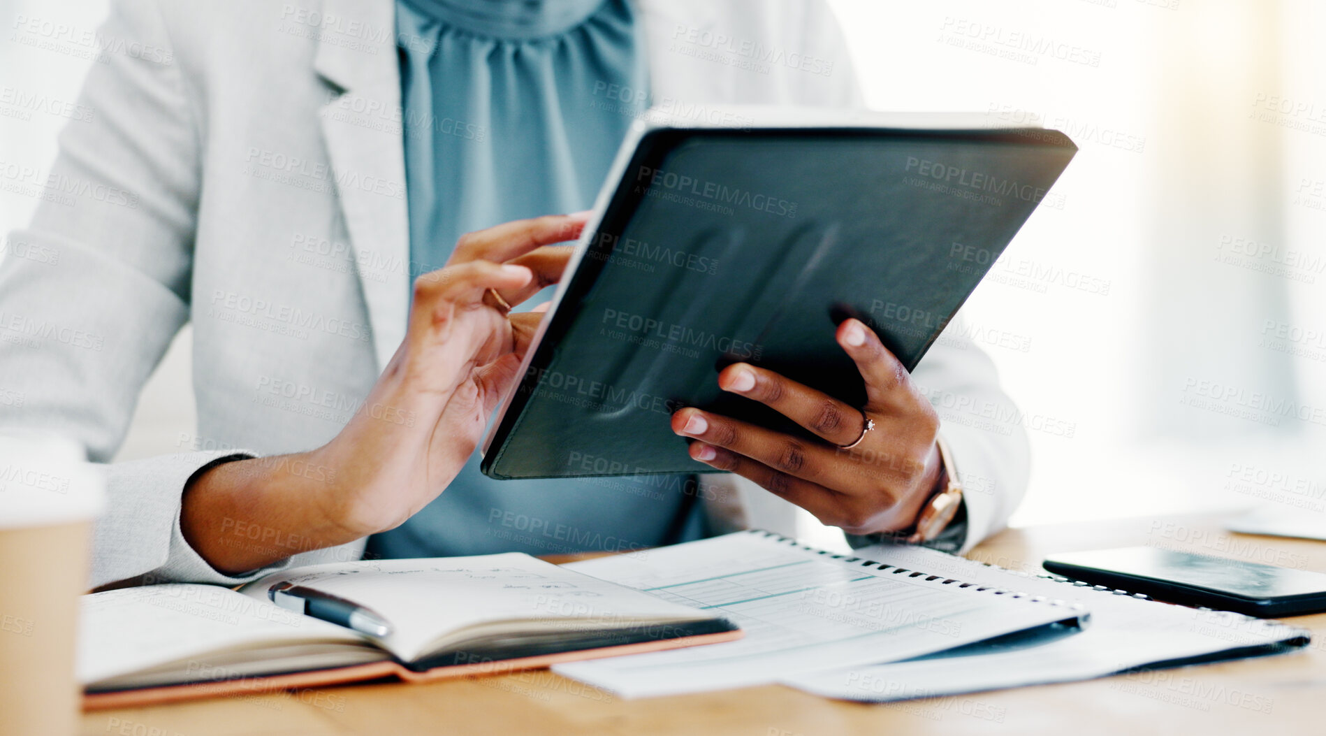 Buy stock photo Black woman, tablet and smile for social media, browsing or business research at the office desk. Happy African female working on touchscreen scrolling and smiling for networking or digital marketing