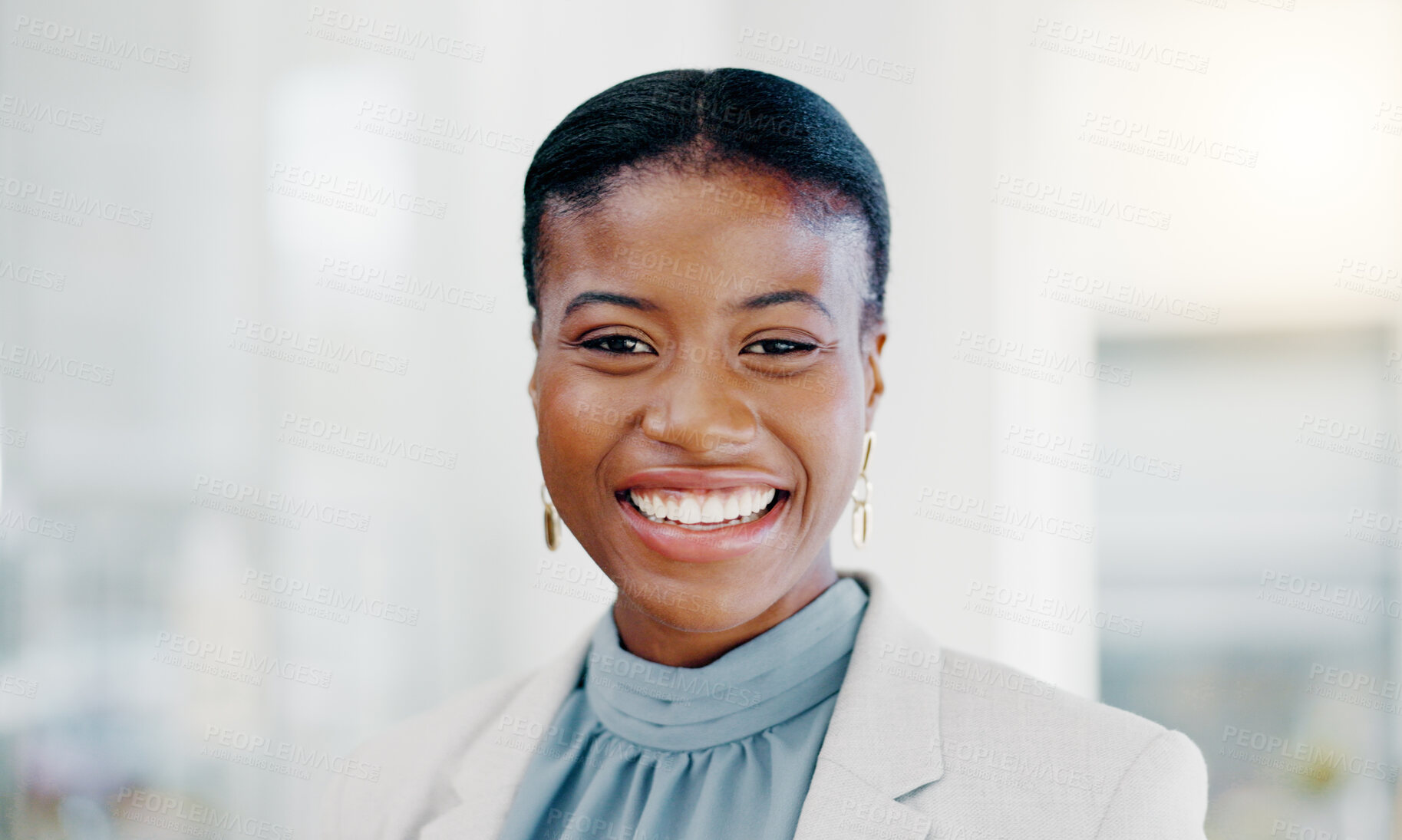 Buy stock photo Face, business and black woman with smile, success and confident ceo in workplace, advertising agency and startup company. Portrait, African female employee and manager with happiness and motivation