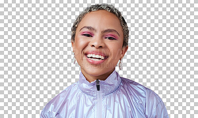 Buy stock photo Laughing woman, color or portrait of makeup, fashion and trendy neon clothes on isolated, transparent or png background. African model, retro and funny gen z in bold style, cosmetics or unique beauty