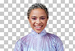 Black woman, fashion and smile with holographic purple studio background with a happy, cosmetics and makeup for retro style. Face beauty portrait of an African female looking trendy with vaporwave 