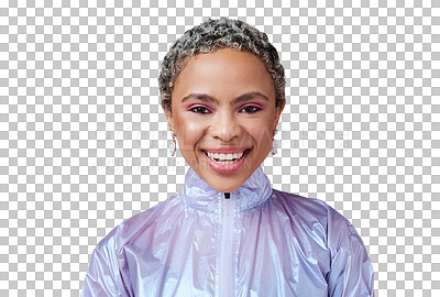 Buy stock photo Happy woman, color and face with makeup, fashion and trendy neon clothes on isolated, transparent or png background. African model, retro and gen z portrait in bold style, cosmetics or unique beauty