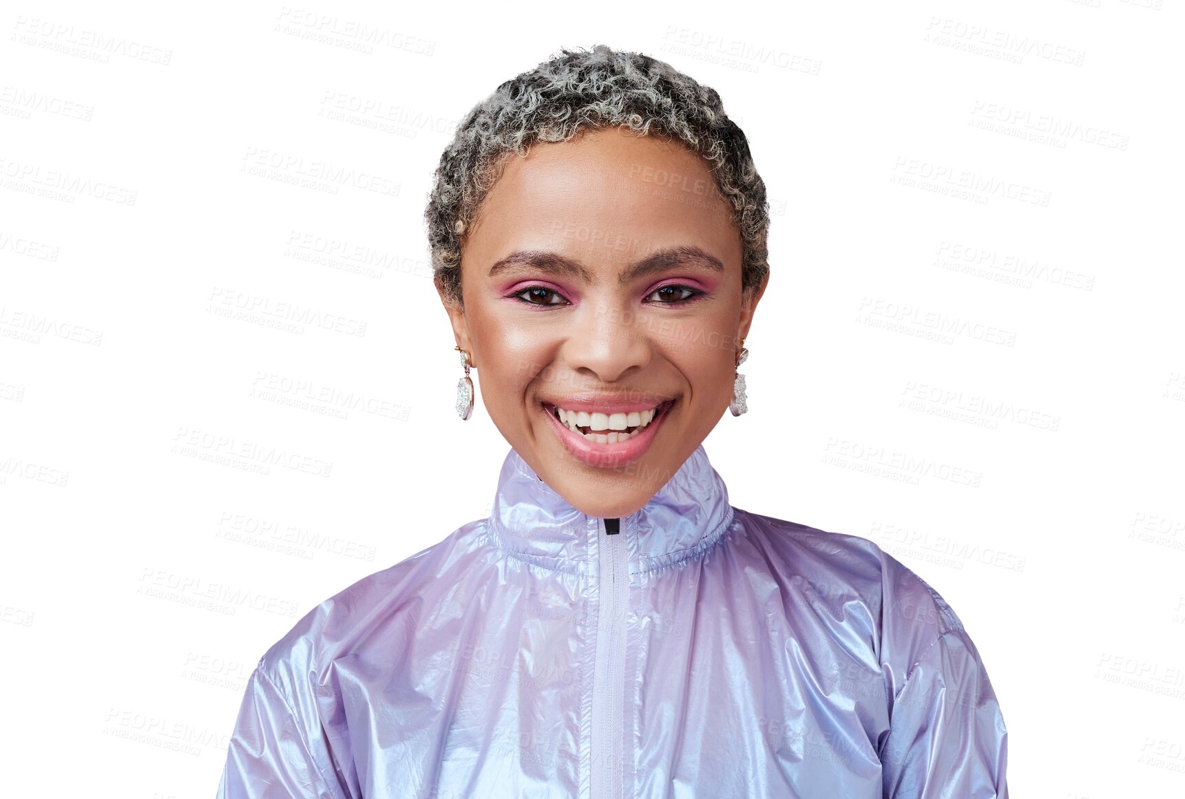 Buy stock photo Happy woman, color and face with makeup, fashion and trendy neon clothes on isolated, transparent or png background. African model, retro and gen z portrait in bold style, cosmetics or unique beauty