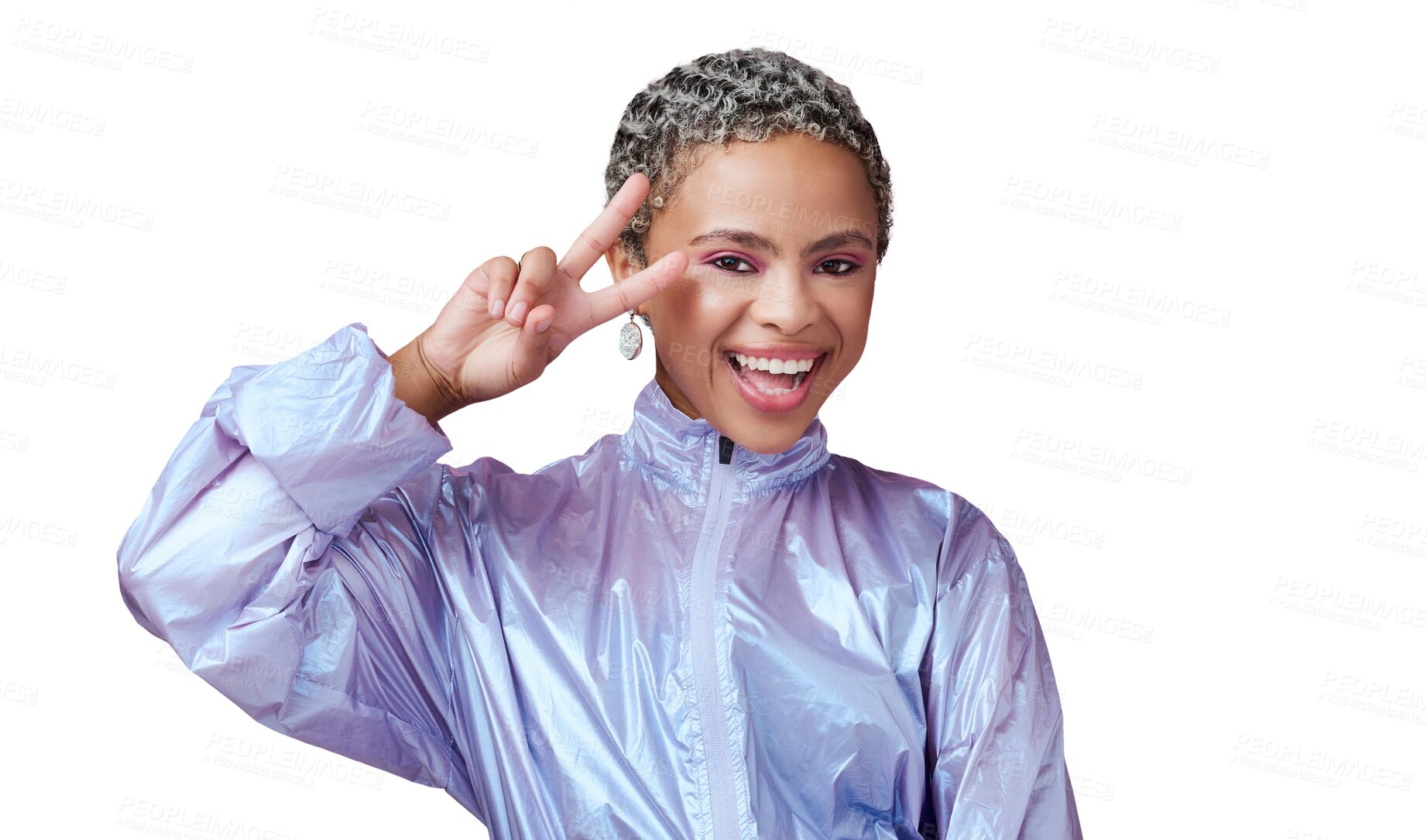 Buy stock photo Happy woman, color or portrait of peace sign, makeup or fashion in trendy neon clothes on isolated, transparent or png background. African model, retro and gen z v hands in cosmetics style or gesture