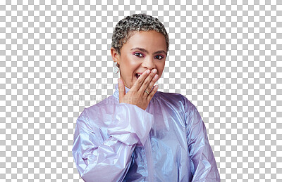 Buy stock photo Hand over mouth, woman with secret and surprise in portrait, cyberpunk fashion isolated on transparent png background. Trendy, wow and gossip, African female person reaction and futuristic style
