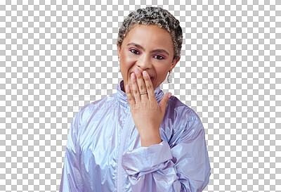 Buy stock photo Woman, portrait and surprised hand on mouth for makeup, fashion and trendy neon clothes deal on isolated, transparent or png background. African model, retro and shocked gen z with emoji style news