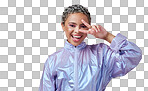 Fashion, peace and woman in studio portrait with peace sign and fancy jacket and cool hairstyle with a big smile. Happy, excited and young girl in funky nice modern clothes alone with mockup space