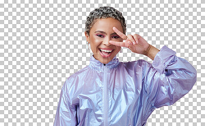 Buy stock photo Model, color or portrait of peace sign, makeup or fashion in cool neon clothes on isolated, transparent or png background. Happy African woman, emoji and gen z v hands in cosmetics style or gesture