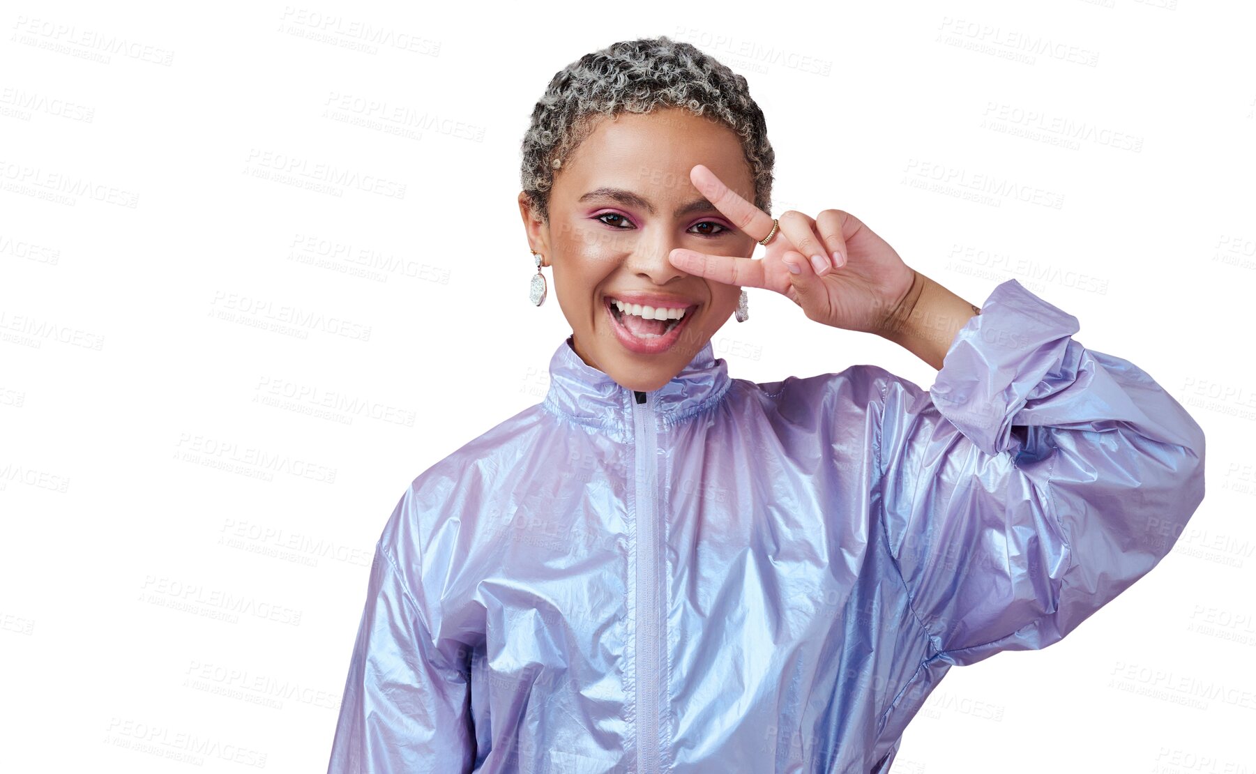 Buy stock photo Model, color or portrait of peace sign, makeup or fashion in cool neon clothes on isolated, transparent or png background. Happy African woman, emoji and gen z v hands in cosmetics style or gesture