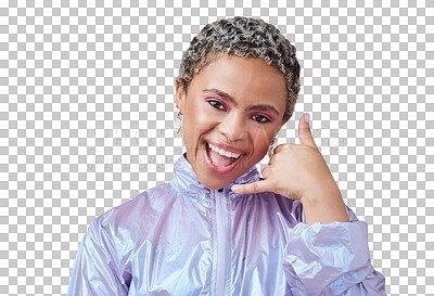 Buy stock photo Hands, call me sign and portrait of woman with fashion, cool clothes or isolated on transparent png background. Face of happy african gen z model, retro style or phone emoji for contact, news or icon