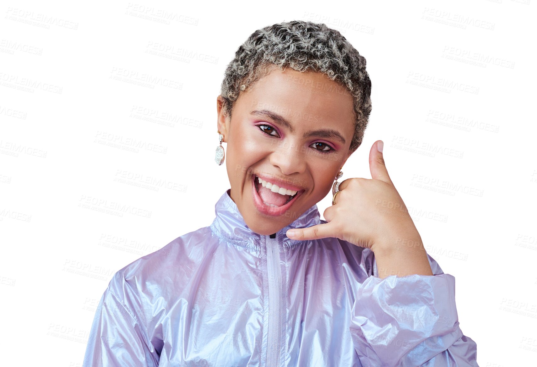 Buy stock photo Hands, call me sign and portrait of woman with fashion, cool clothes or isolated on transparent png background. Face of happy african gen z model, retro style or phone emoji for contact, news or icon