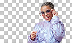 Happy, smile and portrait of a black woman with sunglasses in a studio with mockup space. Stylish fashion, trendy and creative african girl influencer or model standing by a bright purple background.