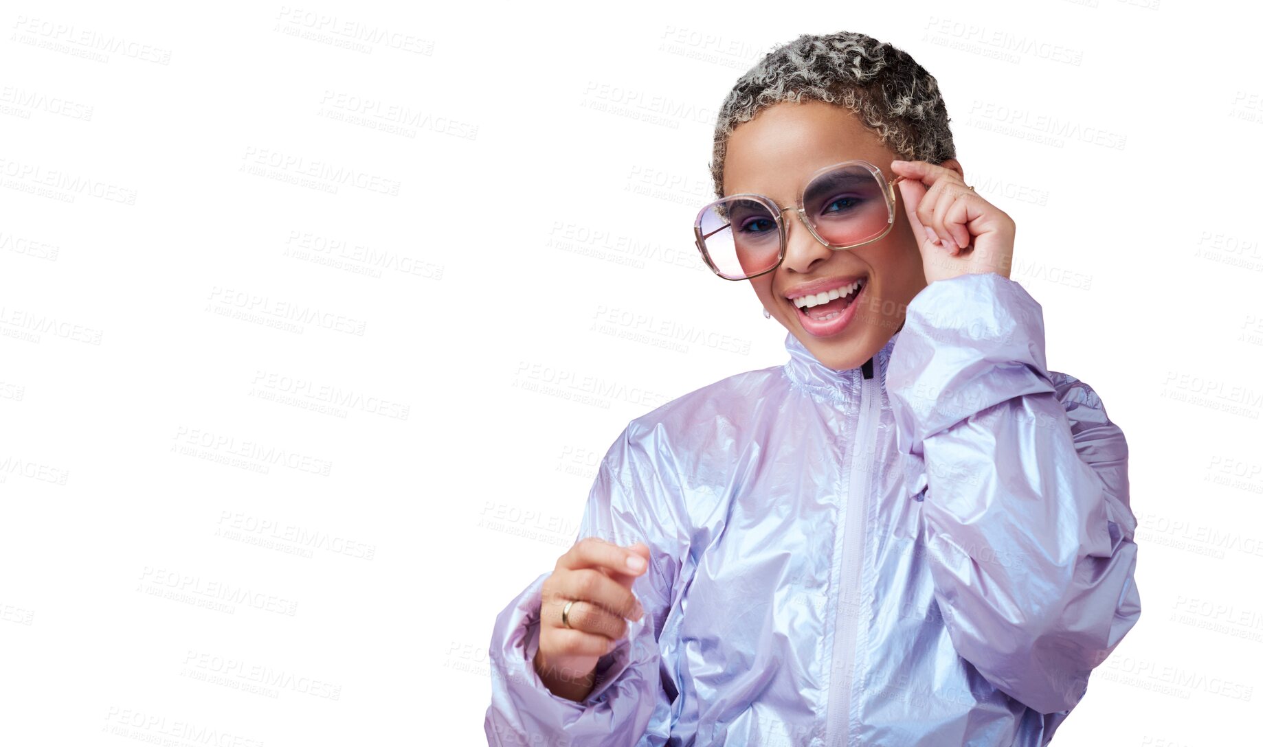 Buy stock photo Sunglasses, woman and portrait, happy with fashion and funky accessory isolated on png transparent background. Edgy, gen z and cyberpunk style with female person, retro eyewear and smile on face