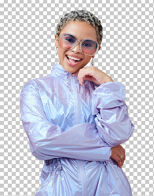 Buy stock photo Sunglasses, woman and smile in portrait with fashion, cosmetic and funky accessory isolated on png transparent background. Edgy, stylish and cyberpunk style, female person in retro eyewear and trendy