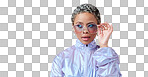 Fashion, beauty and mockup with a black woman in glasses on a pink background in studio for advertising and marketing. Style, edgy and trendy with an attractive female posing for product placement