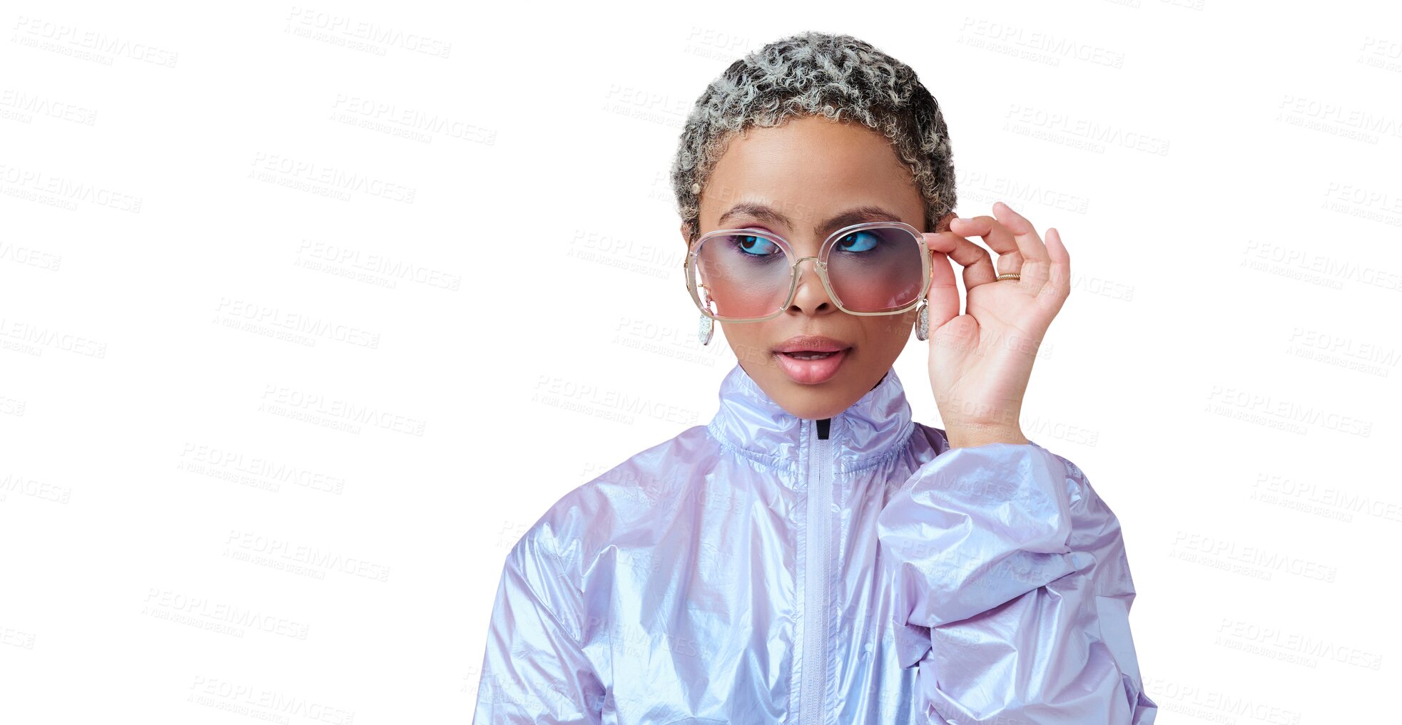 Buy stock photo Sunglasses, woman and confidence with fashion, cosmetic and funky accessory isolated on png transparent background. Edgy, stylish and streetwear style, female person in retro eyewear and trendy