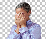 Hands, shy and hiding black woman in studio, embarrassed by trendy fashion and edgy makeup. Beauty, hand and face covering by cute lady hide after glamour and makeover against pink background mockup