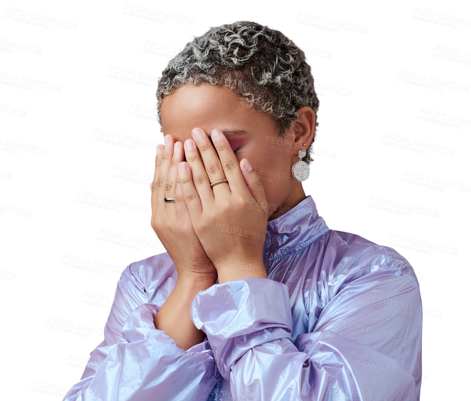 Buy stock photo Hands, stress and hiding woman in fashion neon clothes on isolated, transparent and png background. Frustrated gen z, sad model and person covering face in mistake emoji, problem and anxiety crisis