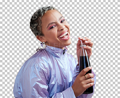 Happy, smile and black woman with soda drink to refresh, relax and enjoy cool beverage with straw. Vintage, happiness and portrait of young retro girl with bottle of fresh liquid on purple background