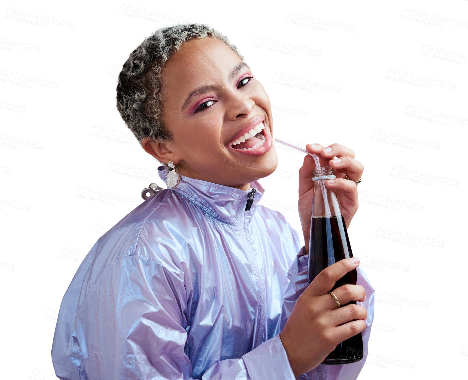 Buy stock photo Woman portrait, fashion and happy with soda bottle for cool, playful and fun summer drink on isolated, transparent and png background. Laughing, African gen z girl and retro clothes with juice drink