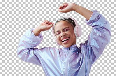 Happy, woman and headphone listening to music and dancing against purple studio background. African american female smile, audio streaming and enjoy sound with a playful, dance and freedom attitude