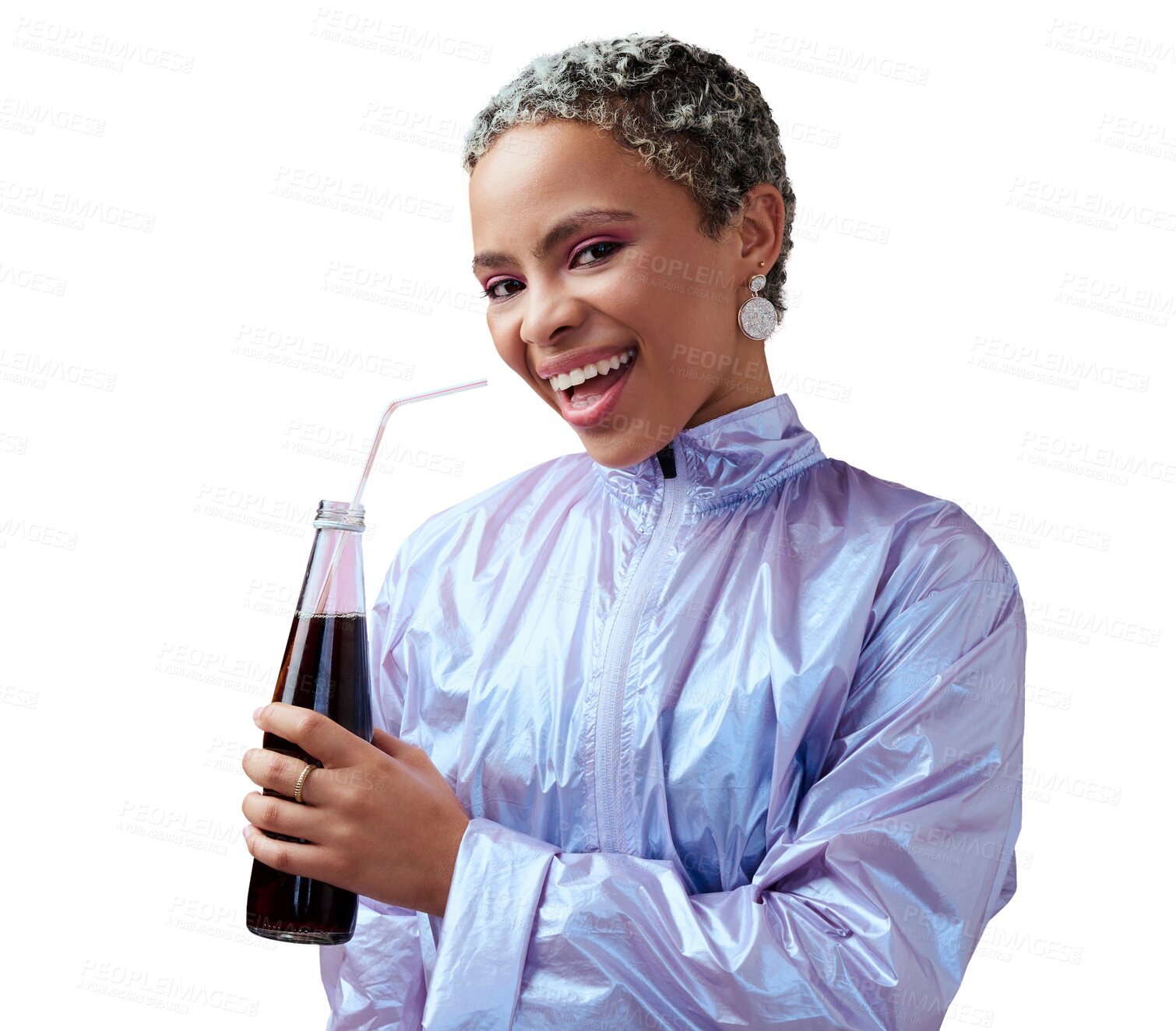 Buy stock photo Fashion, woman and portrait with soda bottle for cool, relax and cold summer liquid on isolated, transparent and png background. Smile, happy and African gen z girl in retro clothes with juice drink