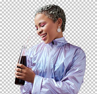 Smile, cola and woman with soda in studio drinking to hydrate and refresh with a cool beverage and straw in a bottle. Happy and young girl in fancy modern clothes enjoys a cold fizzy and tasty liquid
