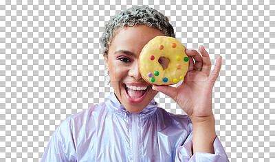 Black woman, donut and fashion excited and happy peeking through