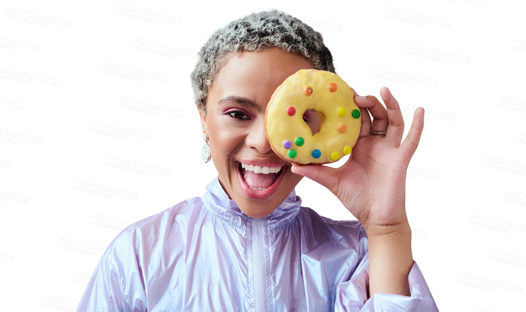 Buy stock photo Portrait, smile and black woman with a donut, fashion an model isolated on a transparent background. Face, female person and girl excited, happiness and dessert with trendy clothes, sweet on png