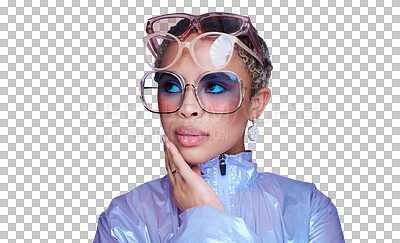 Fashion, black and woman or influencer with sunglasses trendy, cool and fun with stylish or casual look. Young, girl or lady in bold makeup and relax in pink studio background empowered or confident.