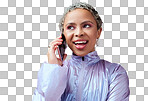 Happy black woman with phone call, fashion and talking against a mockup purple studio background. Conversation, communication or discussion on 5g mobile smartphone technology with edgy young female