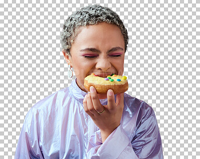 Food, studio and woman is eating a donut cake with eyes closed enjoying sweet icing and sugar pastry alone. Hungry young girl on a fast food diet with a big bite on a doughnut snack as a cheat meal