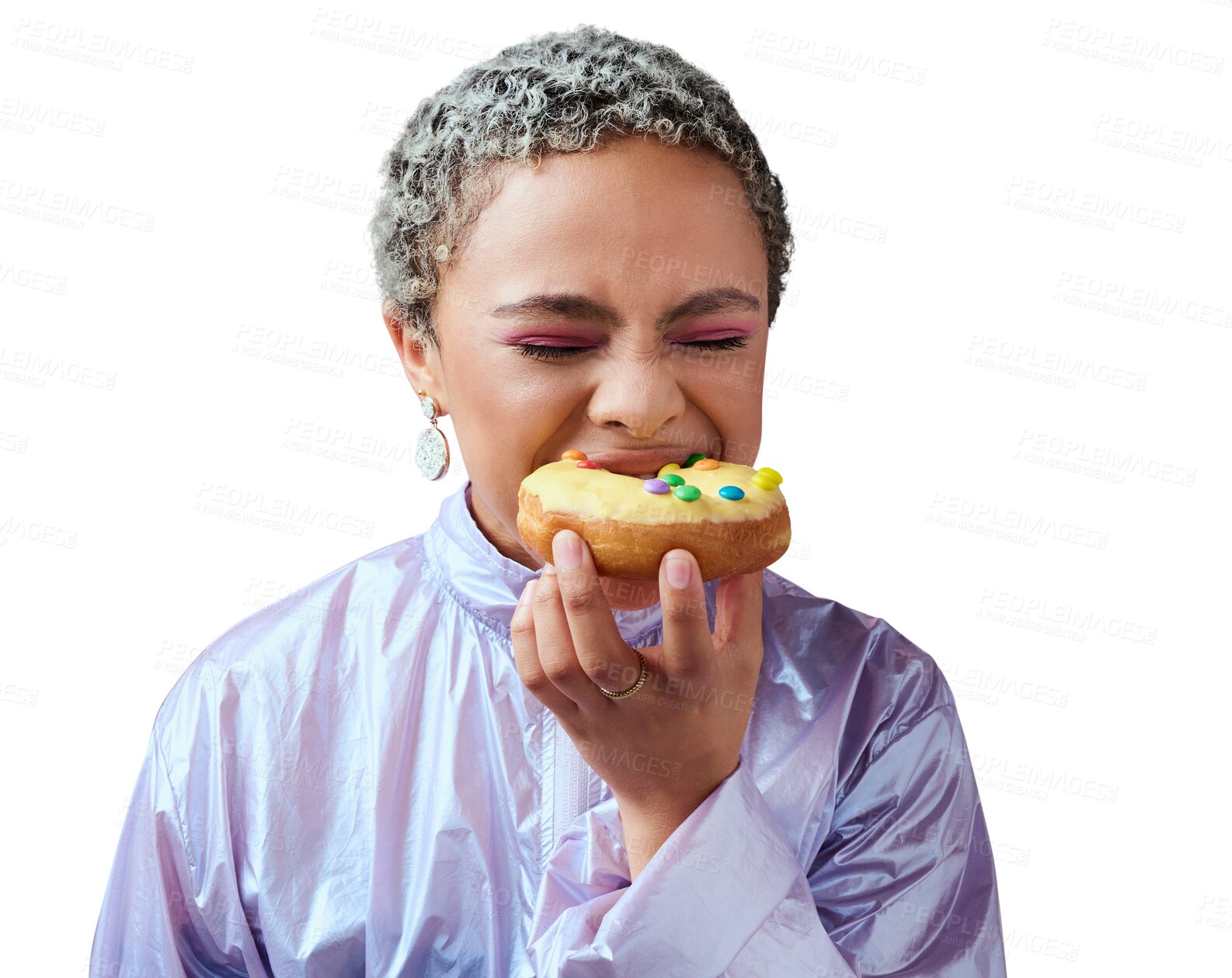 Buy stock photo Eating, fashion and woman with a donut cake, hungry and model isolated on a transparent background. African girl, gen z person or dessert with sugar pastry, sweet or snack with funky clothes and png